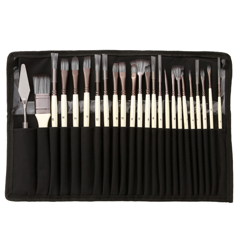 Gouache Paint Set - ชุดแปรงทาสี 24 ชิ้น พร้อมกระเป๋าผ้าไนลอนแบบม้วนเก็บได้ แปรงขนไนลอนสำหรับสีน้ำมัน สีโปสเตอร์